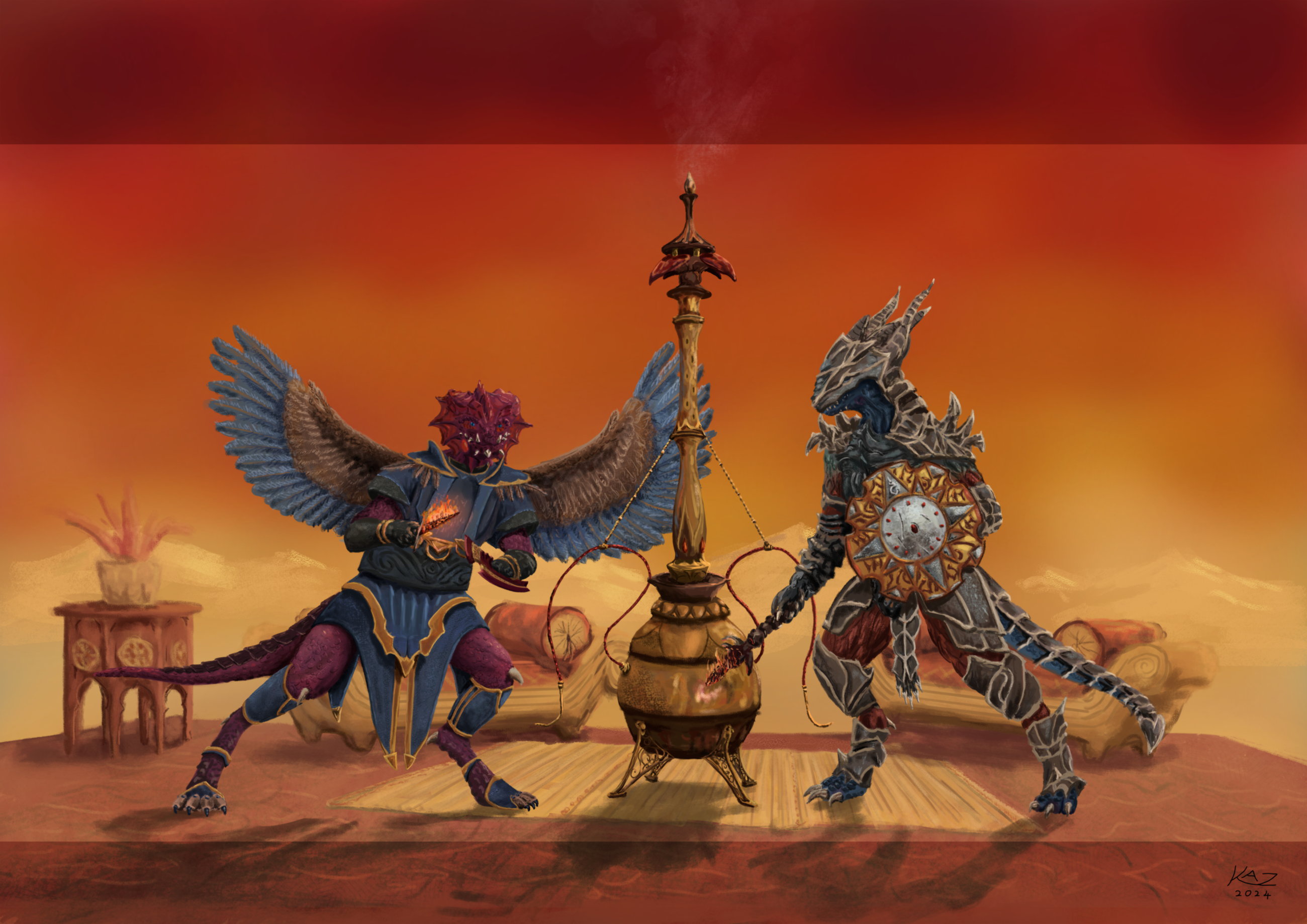 A large, smoking hookah flanked by two bipedal lizards, one wielding a pair of daggers and the other with a flaming wand and shield. Yellow desert and red sky spans the horizon.