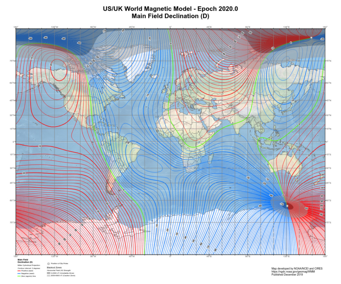 Miller projection of Earth showing contours of 2020 main field declination