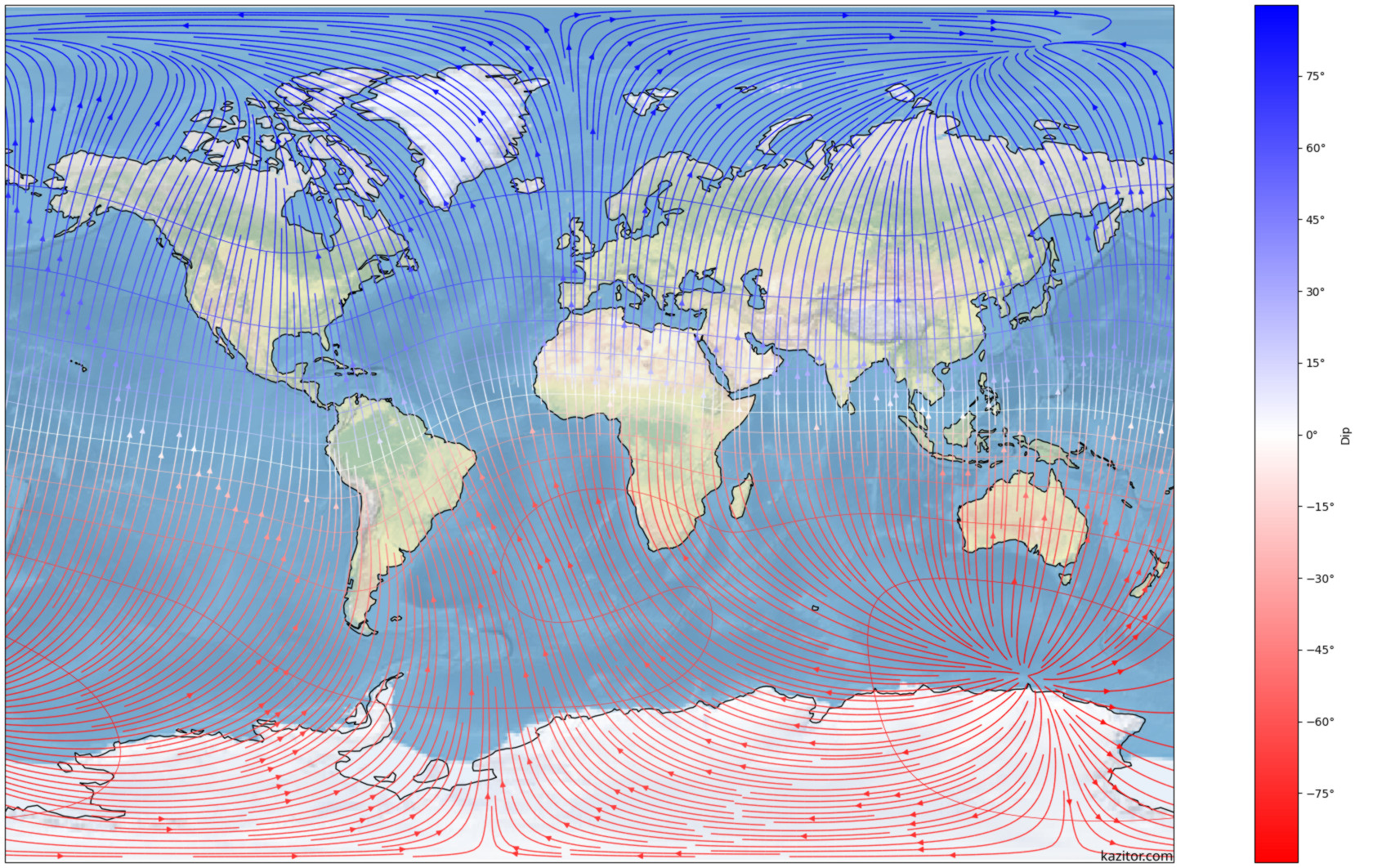 Miller projection of magnetic field lines, eminating from above Antarctica and converging upon a point in the Arctic.