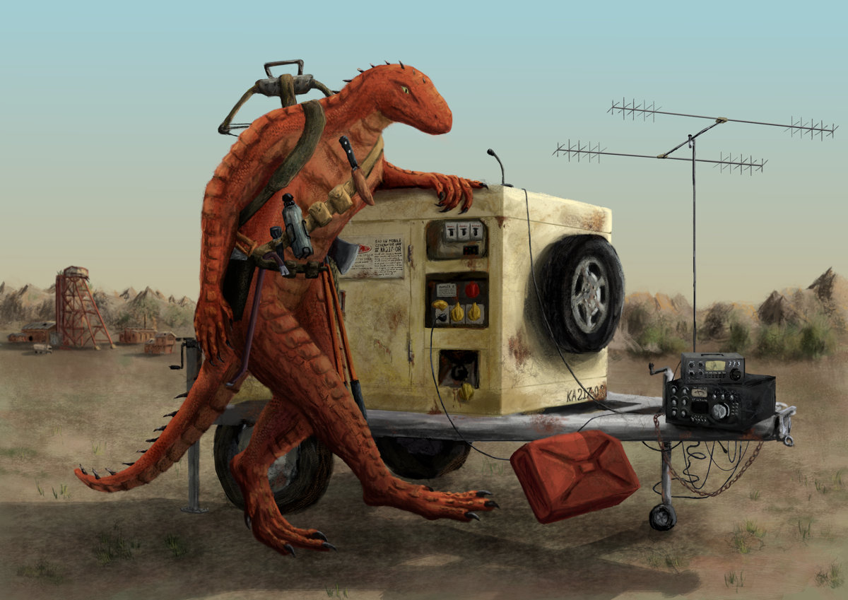 Some sort of red bipedal lizard thing leaning on a towable generator in the middle of a wasteland, kicking a can of fuel