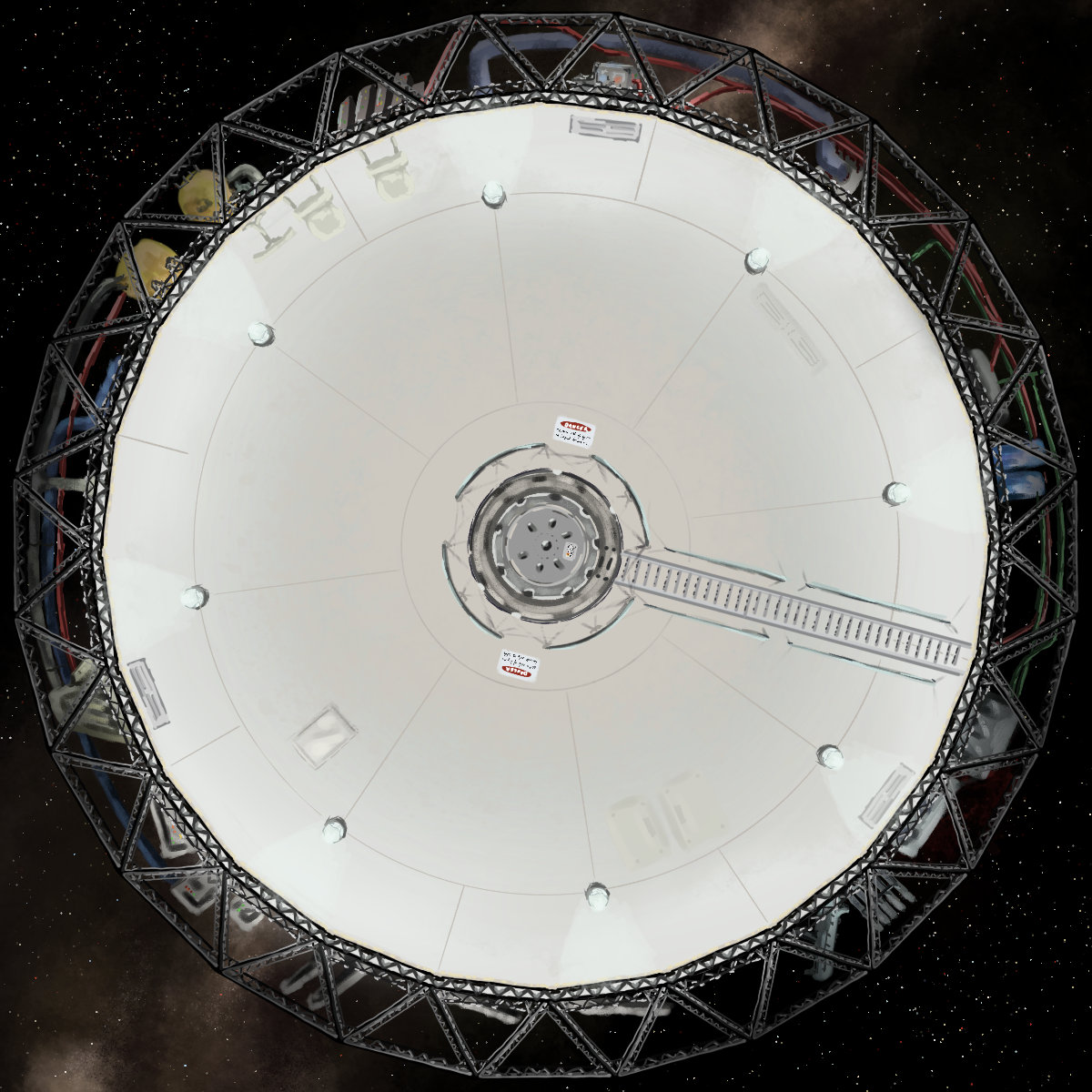 A white, mostly featureless and round vessel against the background of space. In the middle is an airlock, and a ladder leads from the airlock to the edge of the vessel. Around the outside is a rigid truss scaffold filled with various pipes and machinery.