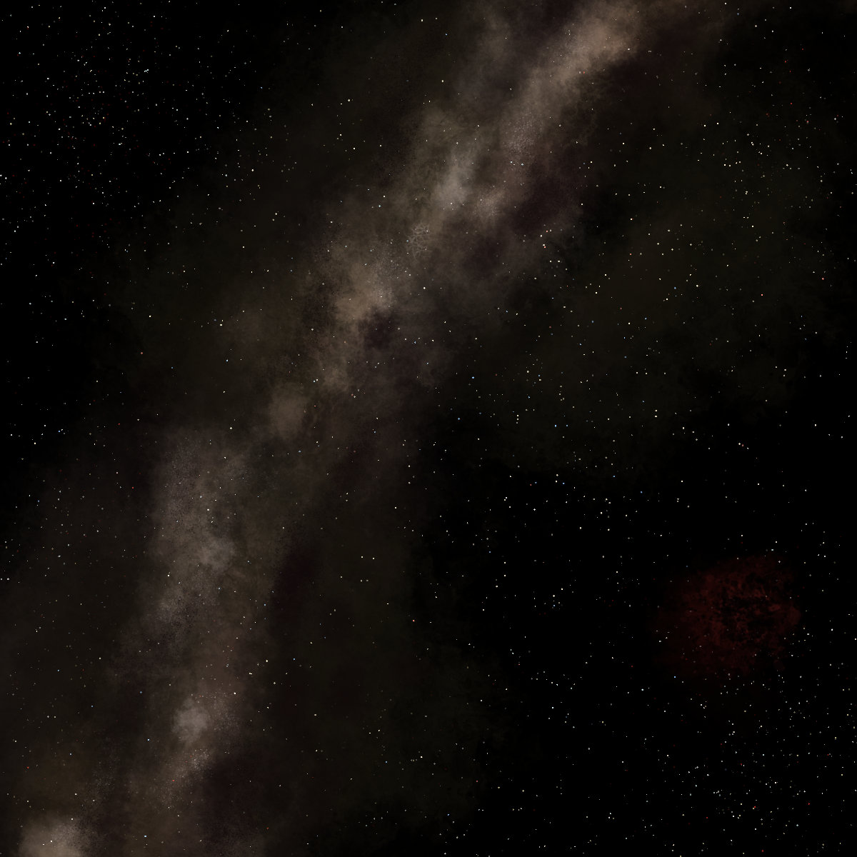 The background of outer space. Many stars dot the black void, and a large arm of the galaxy crosses from the top to the bottom left. A small red nebula is visible in the bottom right.