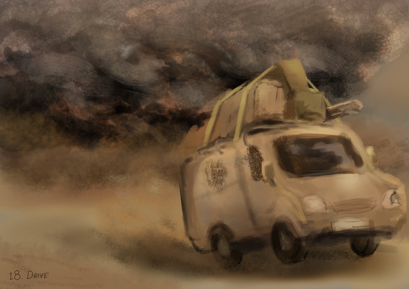 Van loaded with cargo driving away from a menacing dust cloud over the horizon