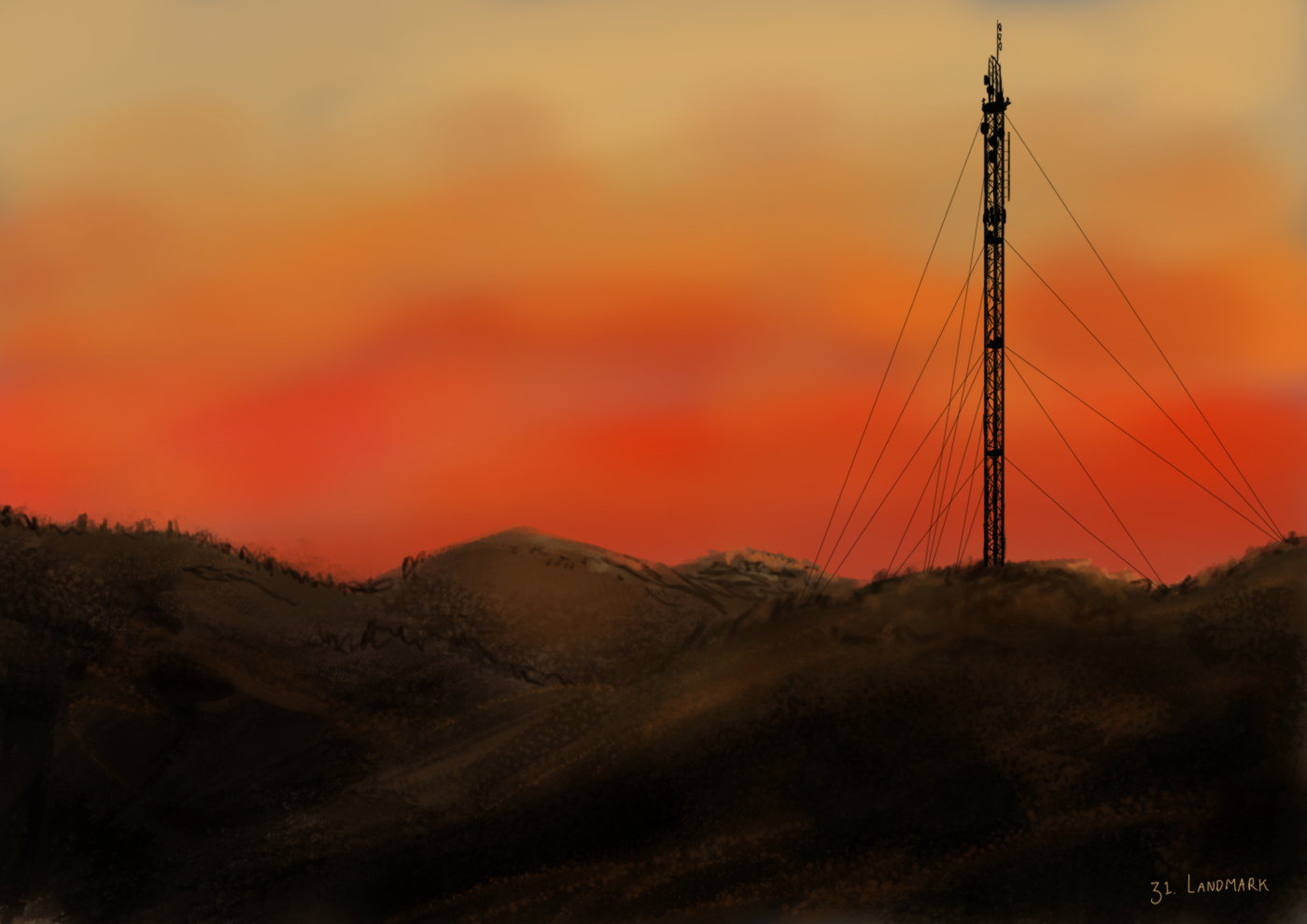 Distant radio mast silhouetted by evening sunset sky