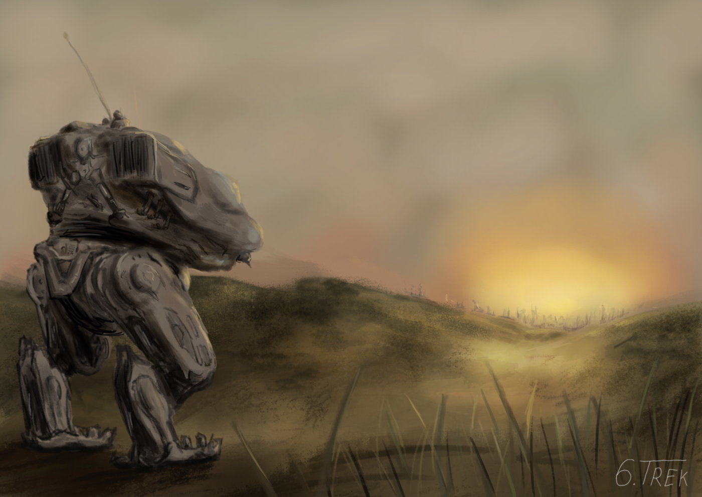 Big robot looks toward a ruined city over a dusty horizon