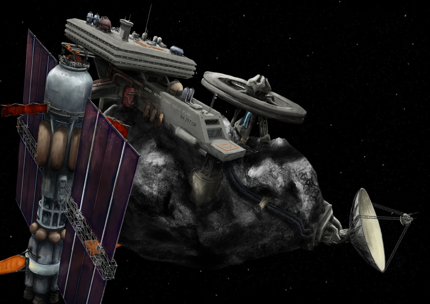 Some sort of complex built on and around an asteroid. A large spaceship is docked to it at the left.