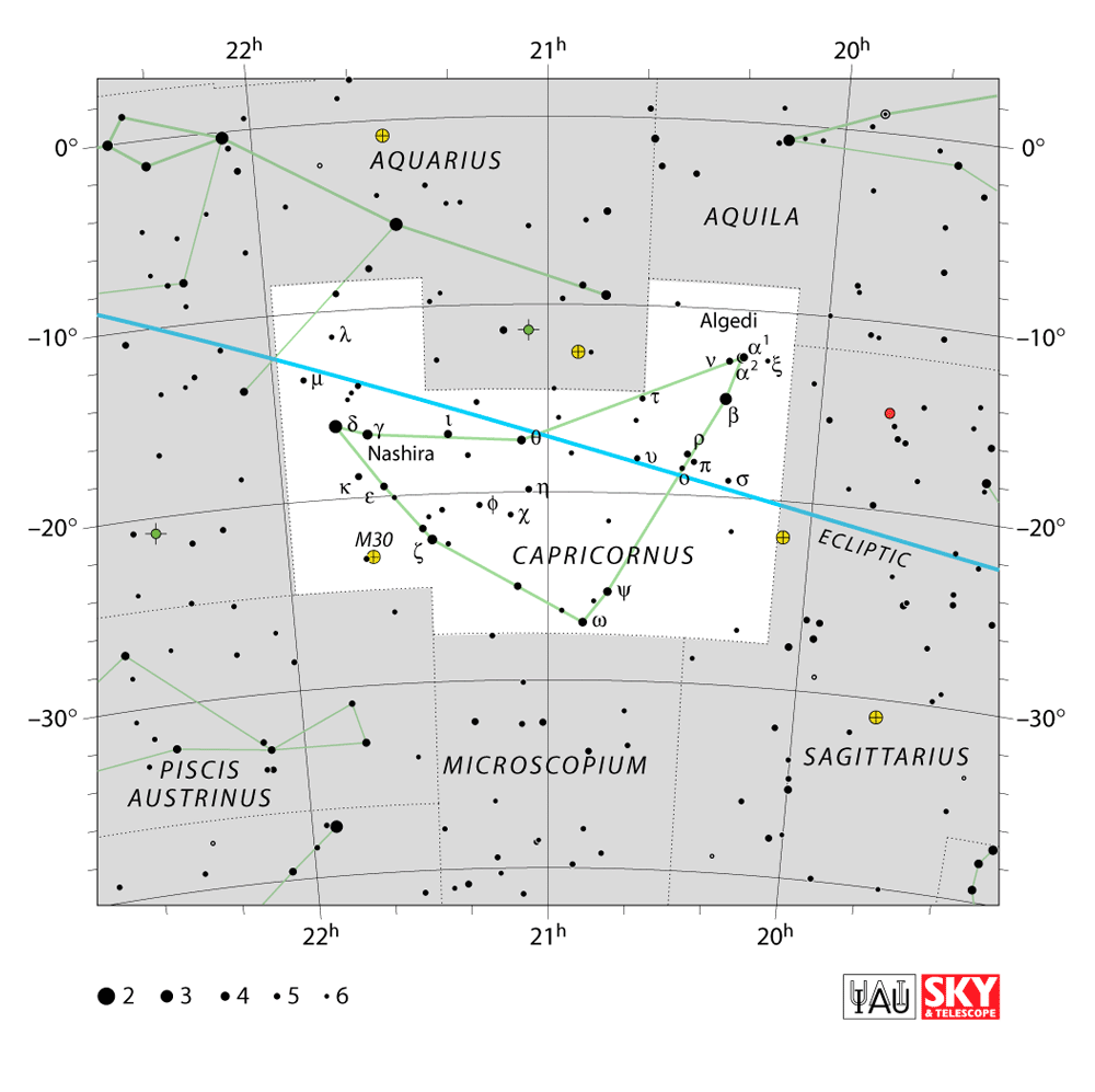 diagram of stars in the region of Capricornus, with a set of straight lines drawn around the constellation