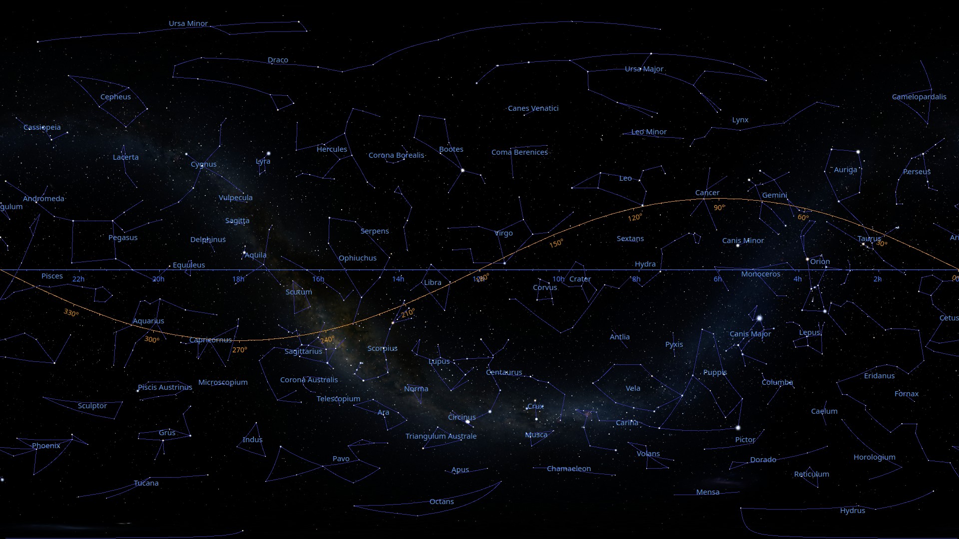 The same map of the sky as above, but with modern constellations drawn and labelled