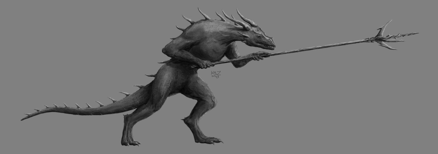 Some sort of draconic biped wielding a three-pointed polearm in a somewhat threatening manner, rendered in greyscale