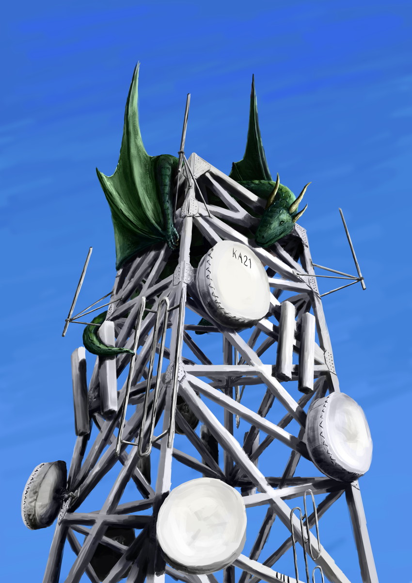 A dragon perched atop a telecommunications tower