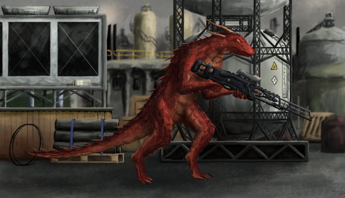 Some sort of red bipedal lizard thing wielding a hefty sci-fi laser-style weapon, amongst a dense complex and seemingly up to no good