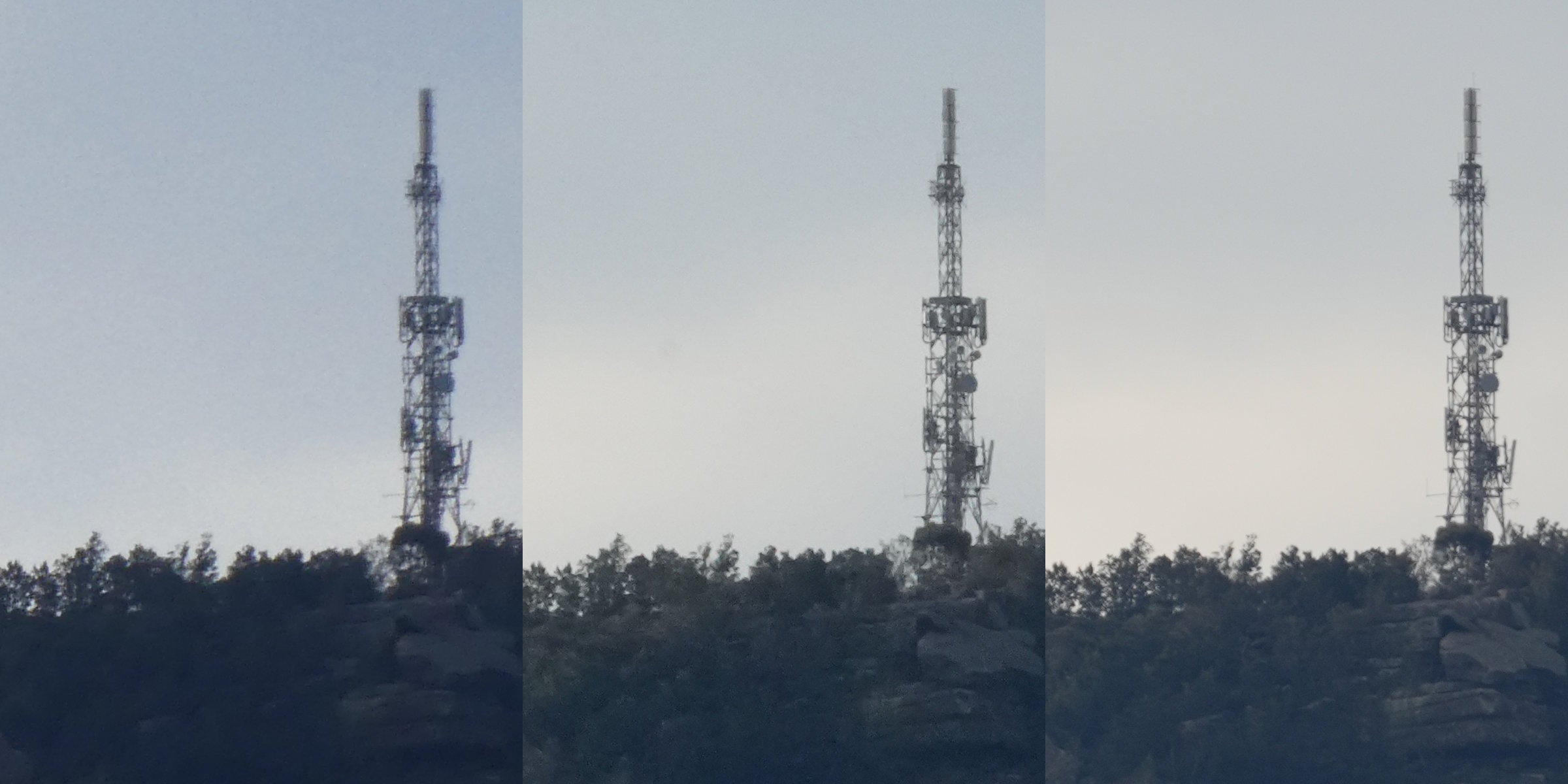 Three photos of the tower arranged side by side. The leftmost image is very indistinct, the last two are somewhat similar but the middle image has a noisier clifftop.