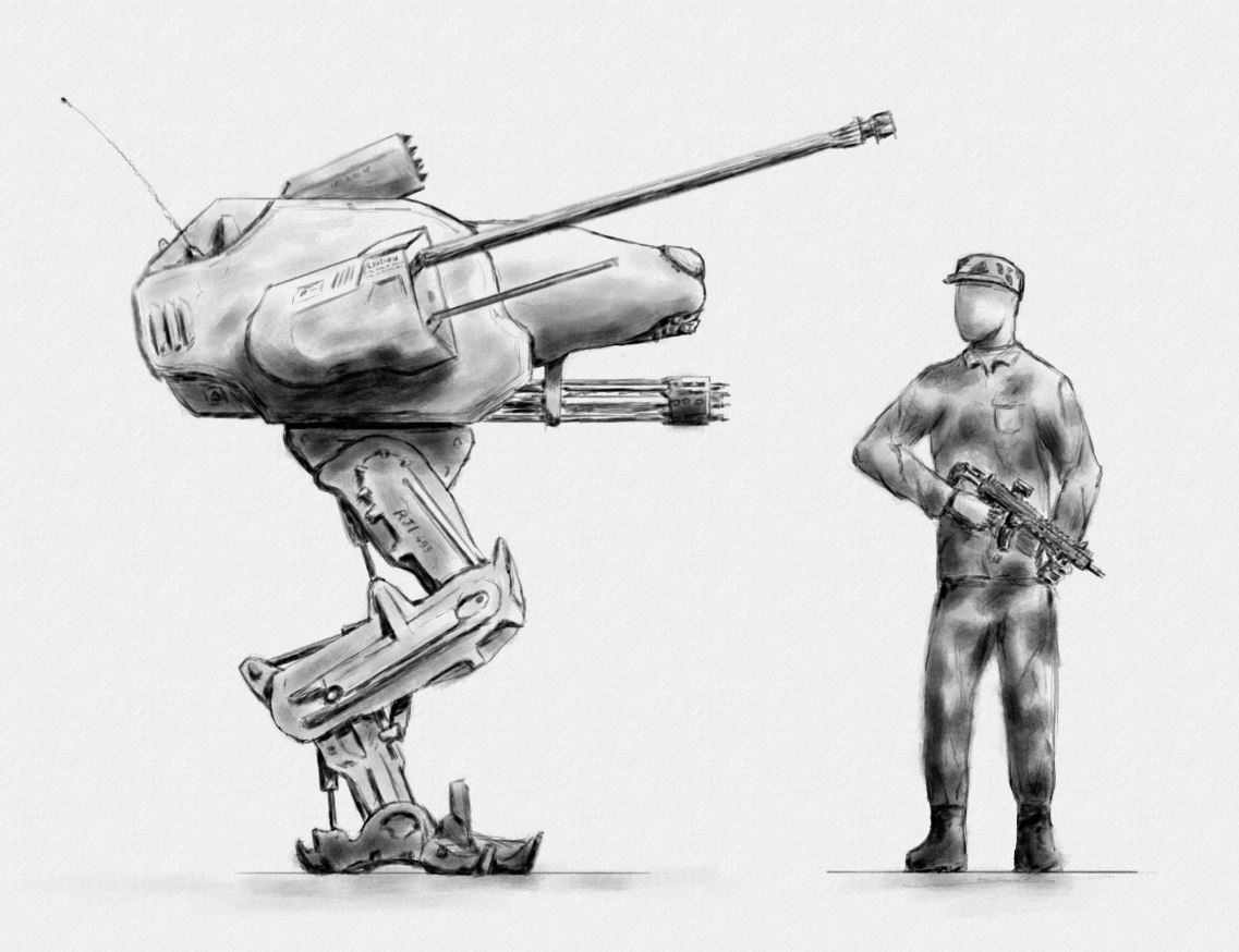 A walking robot with heavy weapons stands next to a soldier