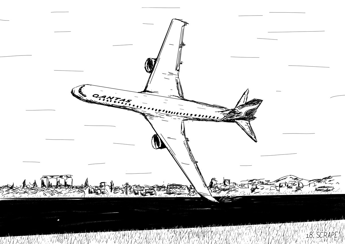 An aeroplane over a runway banks heavily, its wingtip leaving sparks on the ground