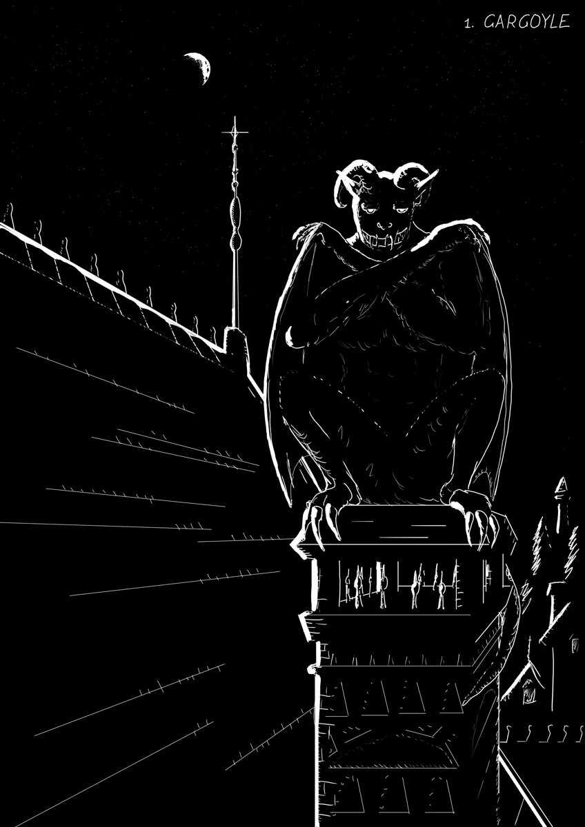 A silohouetted winged monster stands on a gothic chimney in the night