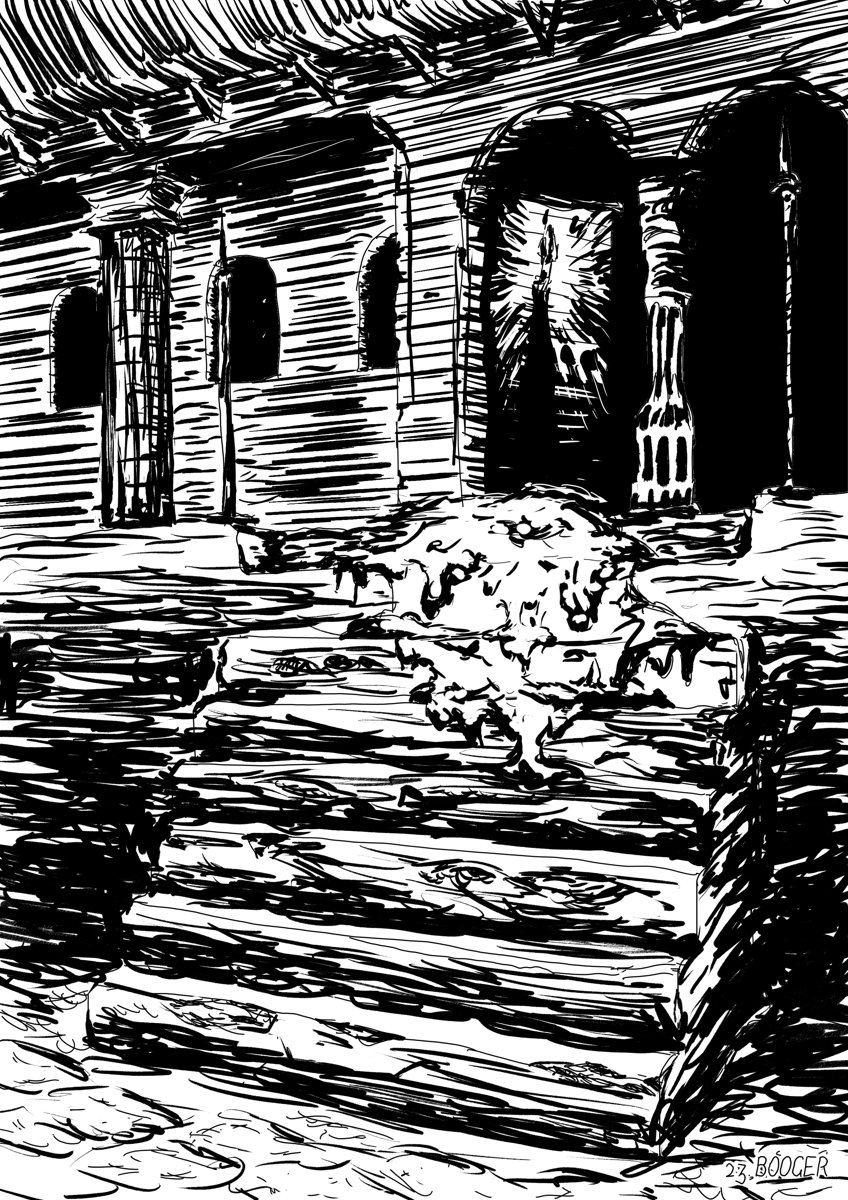 A slime monster oozes on the steps of a temple