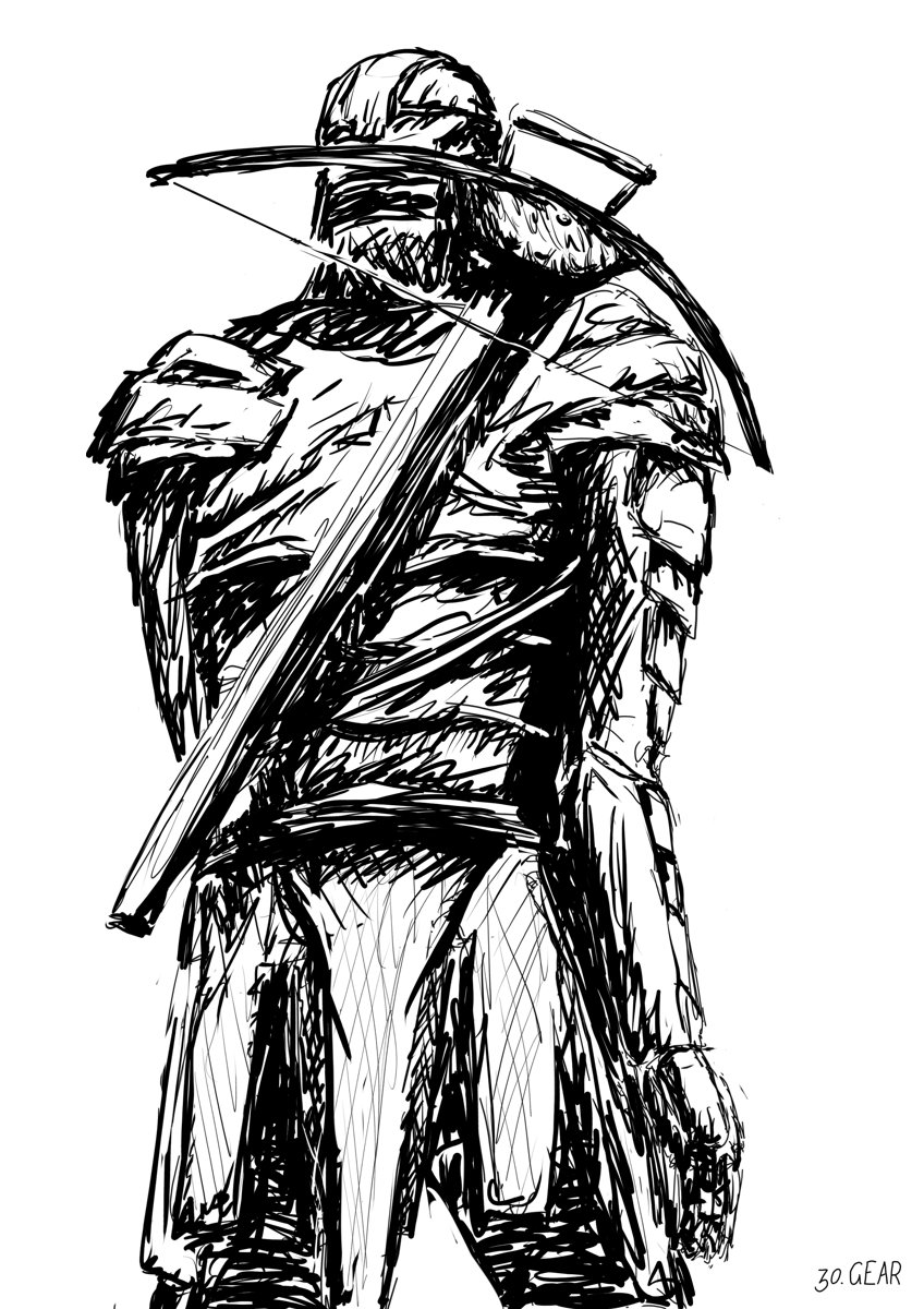 A figure seen from behind, clad in plate armour with a crossbow strapped across their back