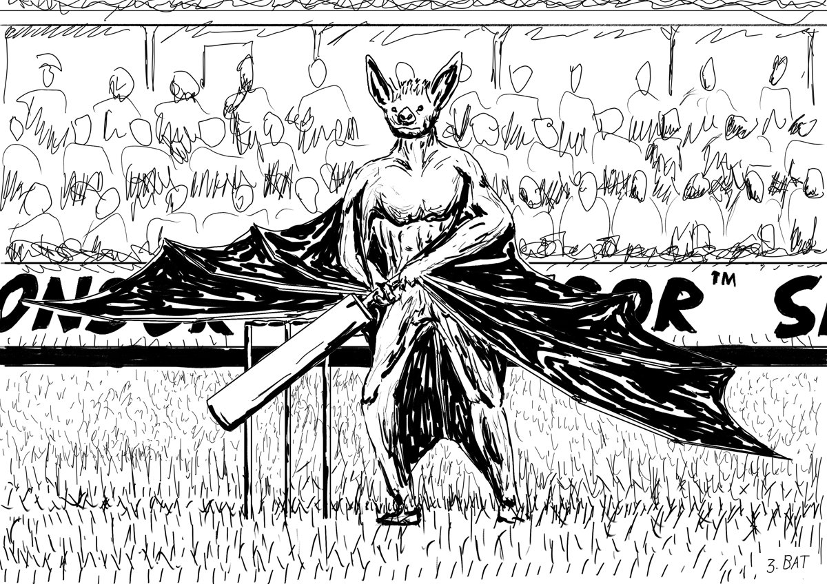 A bipedal bat wielding a cricket bat in front of a crowd