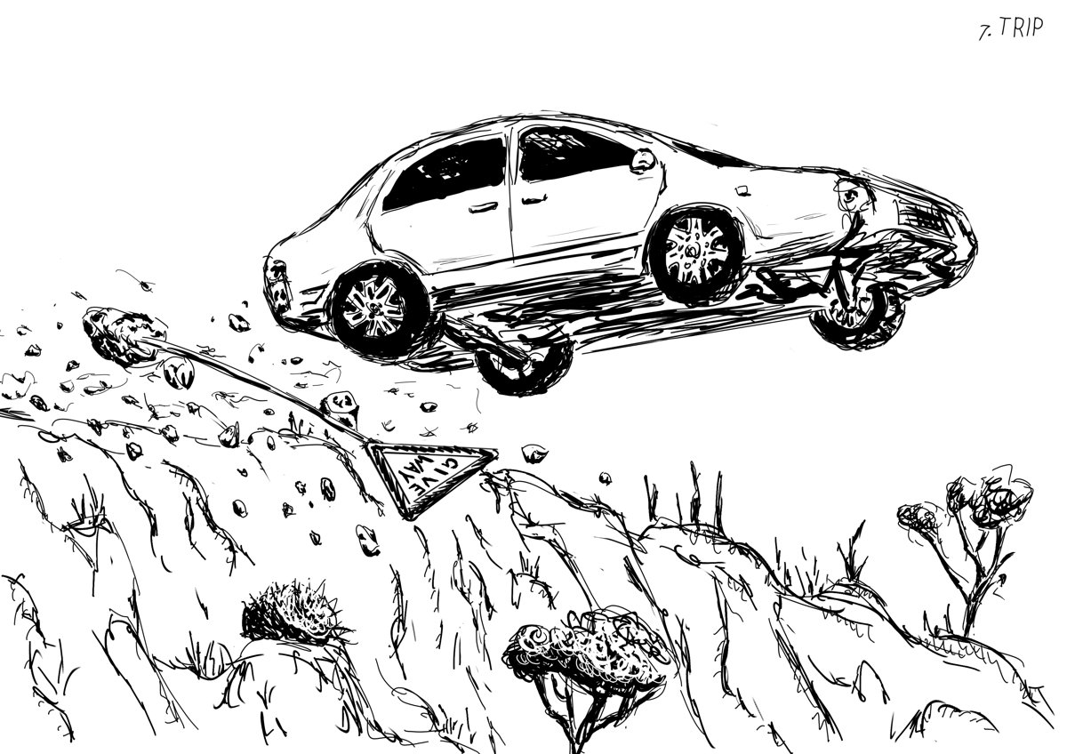 A car recklessly runs off a small ridge, dislodging a sign that says "GIVE WAY"