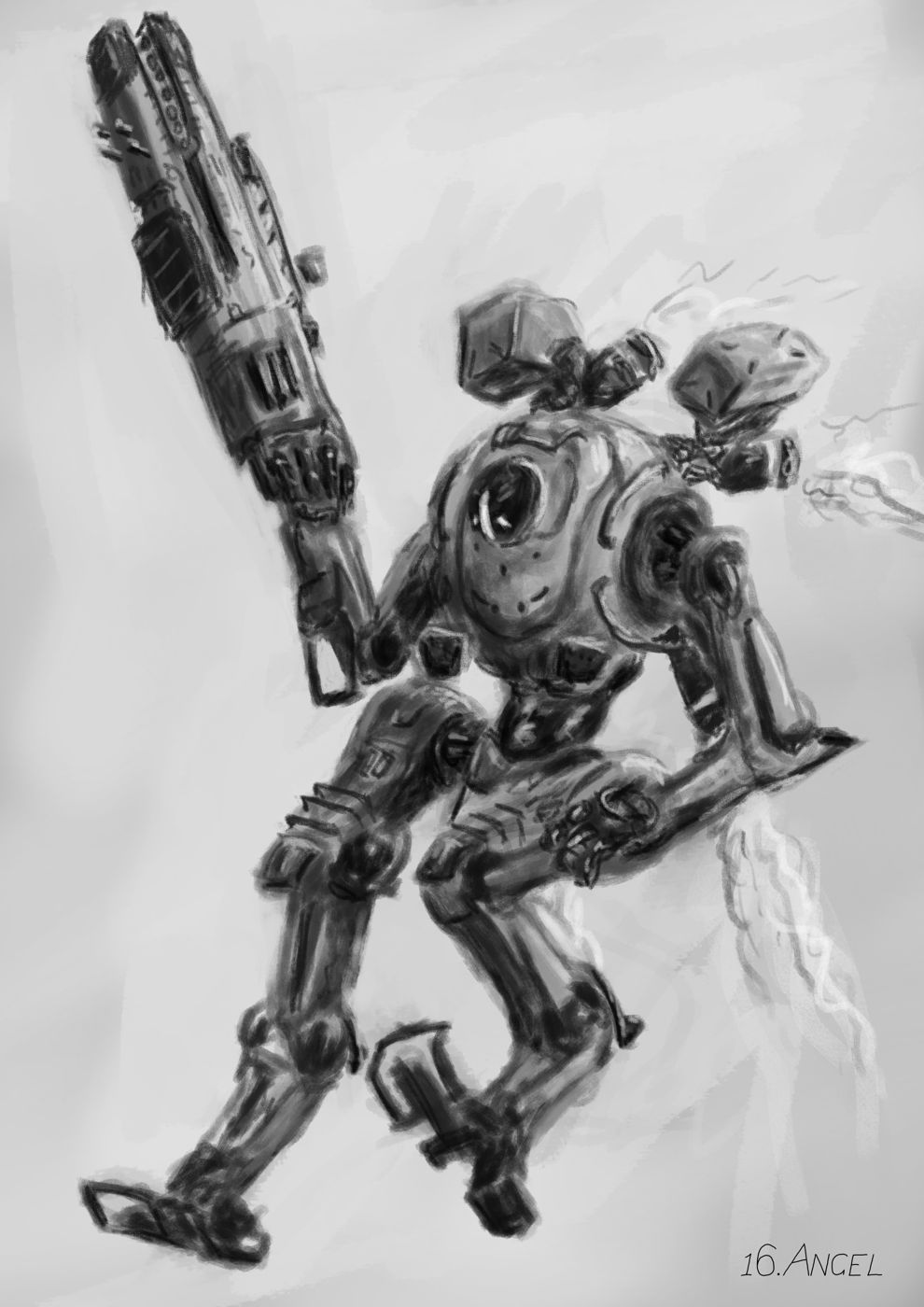 Big robot with a big gun descending from the sky