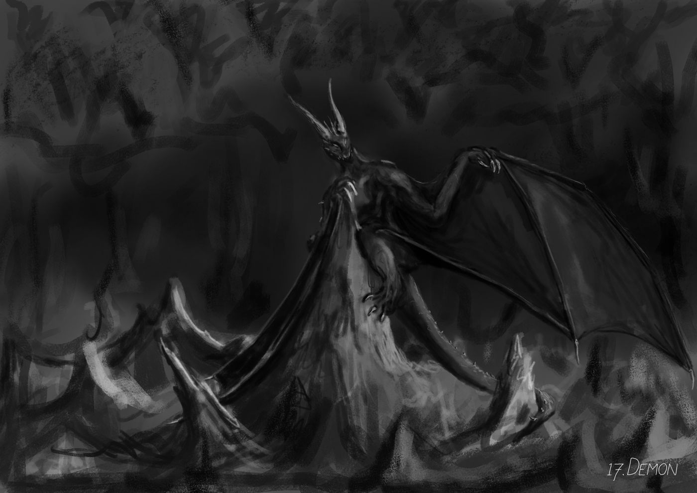 In a dark cavern, a winged demon clings to a tall rocky spire