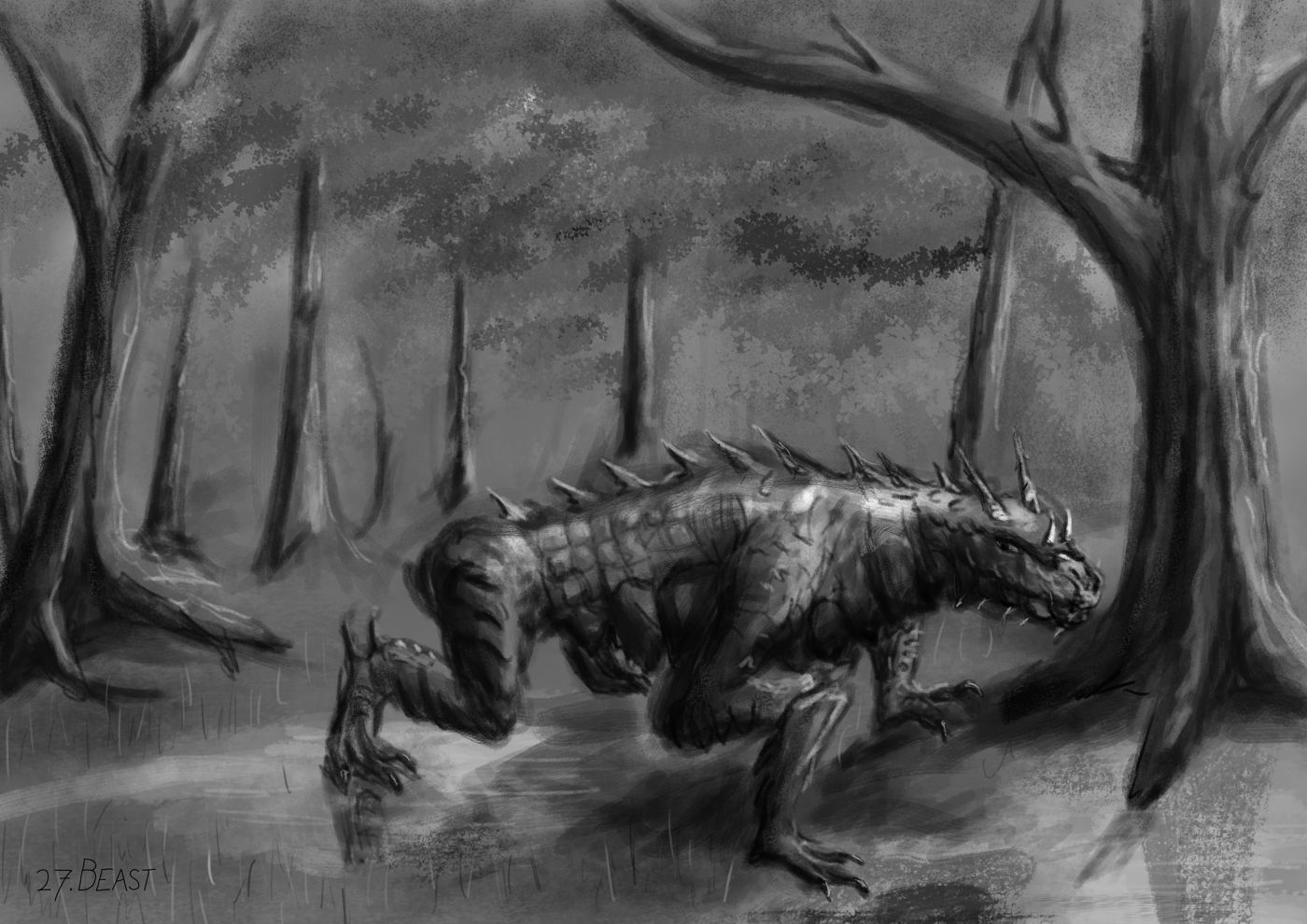 A spiky creature with alien legs in a forest