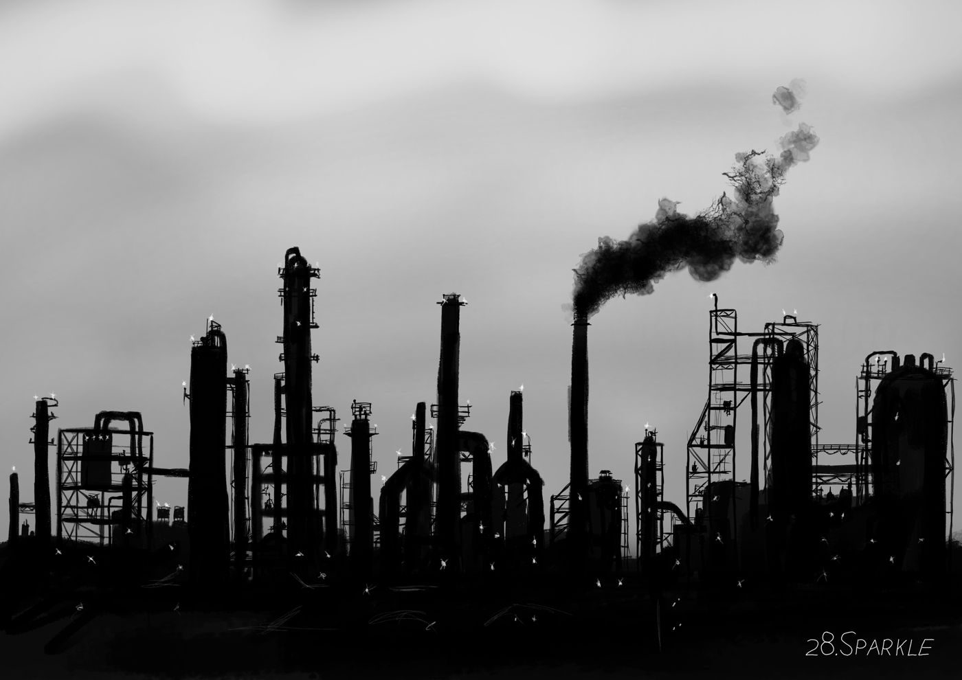 Silhouetted view of an oil refinery, covered in shining lights