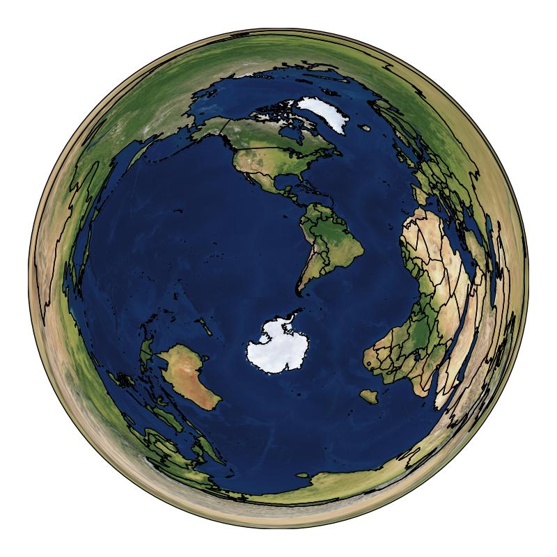 Azimuthal map centred west of Chile, with Russia and Eurasia around the edge