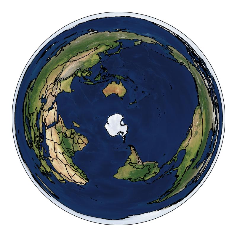 Azimuthal map centred near the coast of Antarctica, with Greenland spanning the circumference