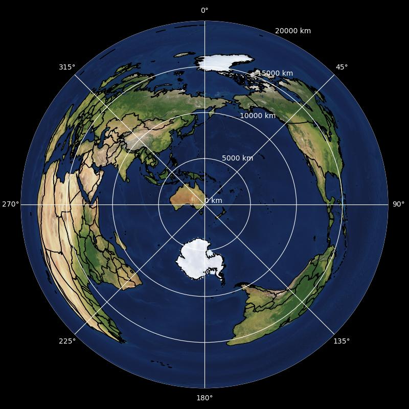 Azimuthal equidistant map centred on south-eastern Australia, showing the world in rings up to 20000 km away