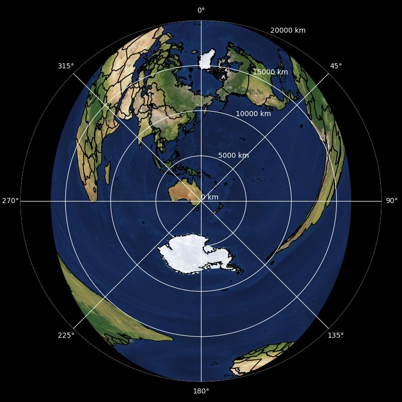 Map centred on south-eastern Australia, showing the world with an elliptical boundary around the middle. Africa and South America wrap extend beyond the top half and continue at the bottom.