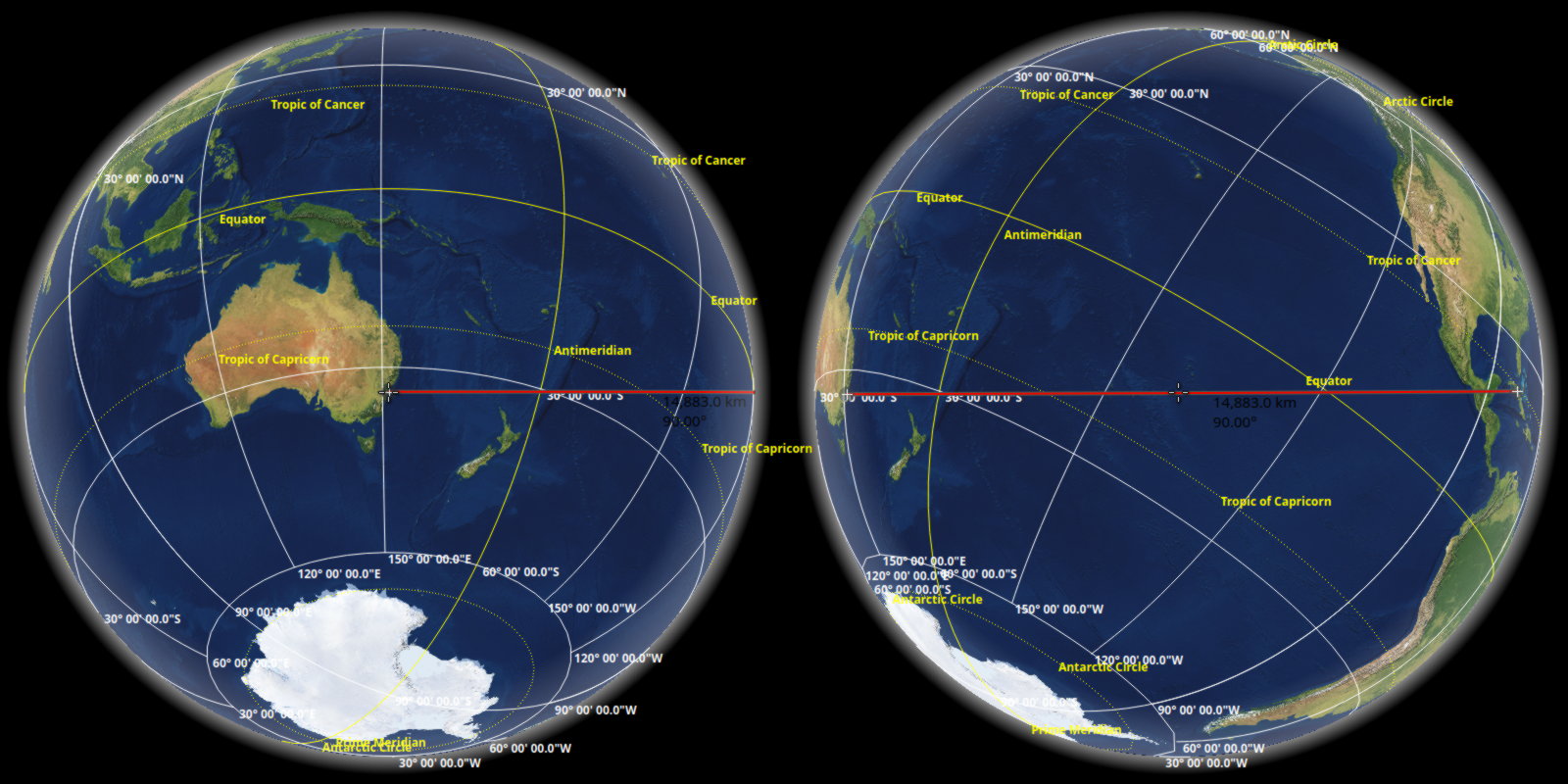 A geodesic running from south-eastern Australia at a 90° bearing, ending in Cuba 14883 km later