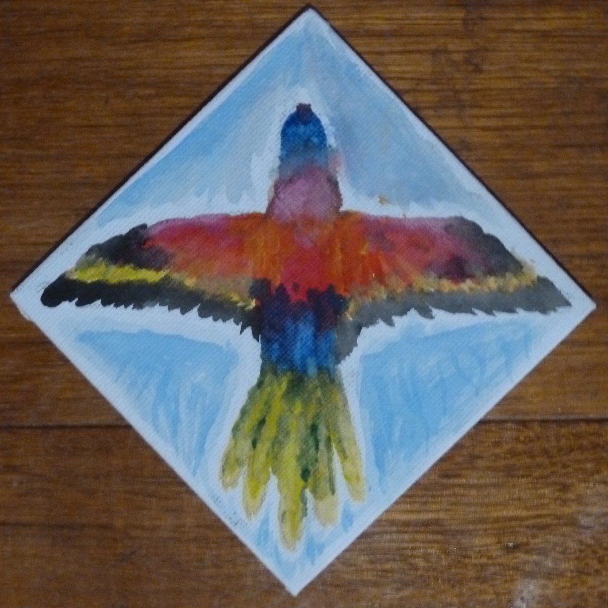 A small painting of a rainbow lorikeet, dorsal view