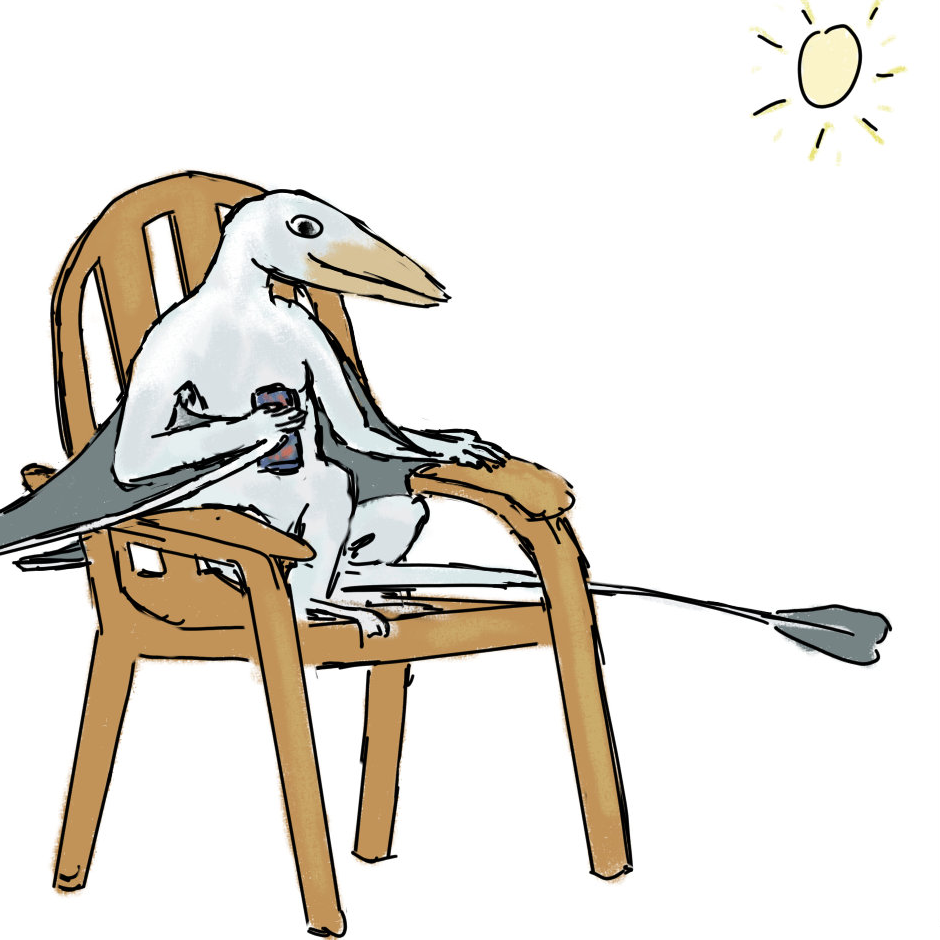 Rhamphorhynchus relaxes under the hot sun with a folding chair and a canned beverage