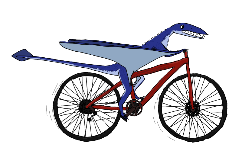 Rhamphorhynchus riding a red bicycle, smiling with glee