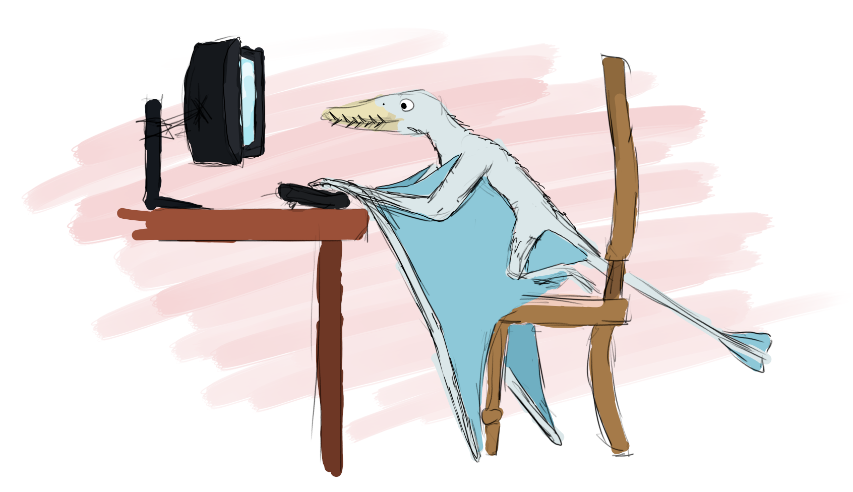 Rhamphorhynchus sits at a computer