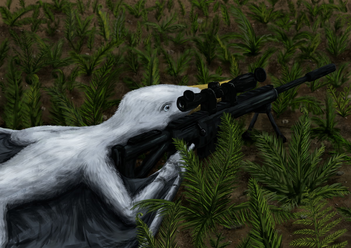 Rhamphorhynchus nestled amongst the ferns, looking down the scope of a powerful rifle