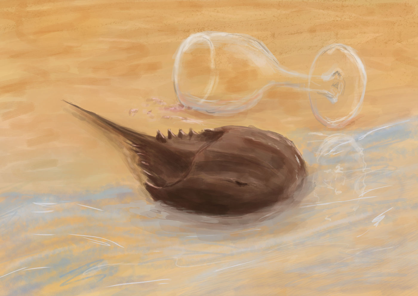 A horseshoe crab seemingly passed out on a beach as the waves roll over it, with an empty wine glass on its side nearby. A few drops of reddish wine-like liquid are around the rim.