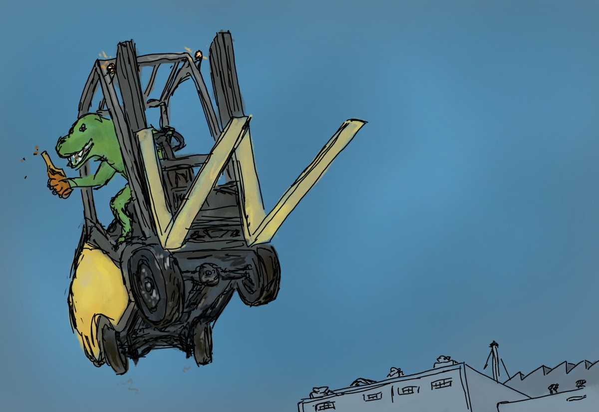 An airborne forklift seen against the sky from slightly below, as if it has just driven off an elevated surface. Inside the cabin a green dinosaur with one hand on the wheel leans out with a smile and a beer bottle in the other hand. Grey warehousing is visible in the bottom right.